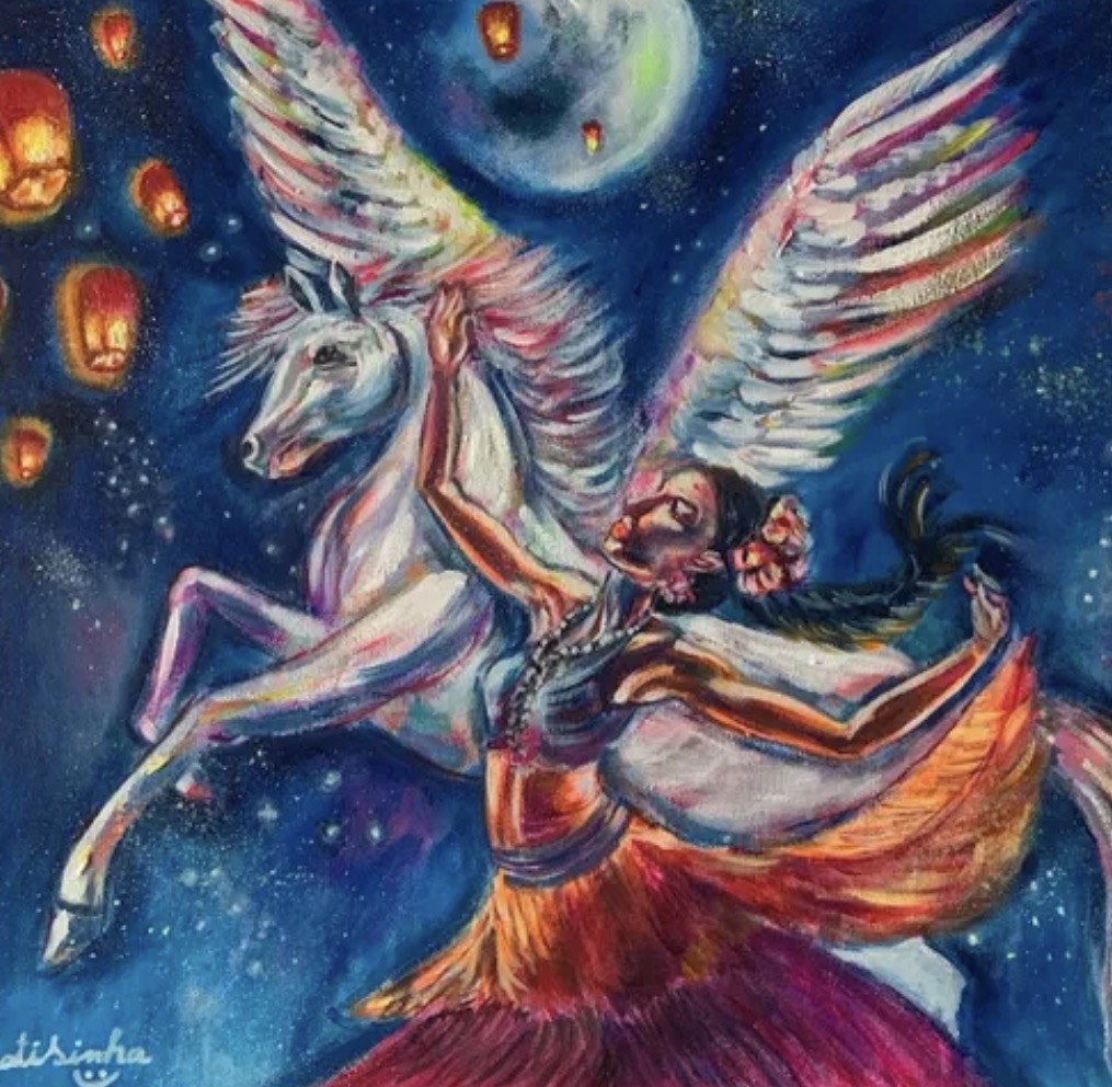 An original painting by Bhaswati Sinha — a woman dancing beside a winged horse beneath a full moon and floating lanterns