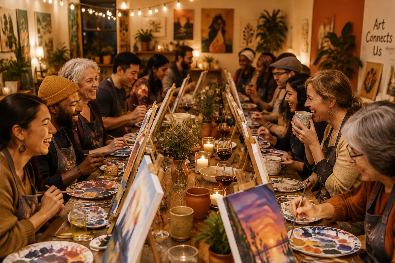 A diverse group of people painting around a long table, sipping chai and wine at an evening gathering (illustrative photo)
