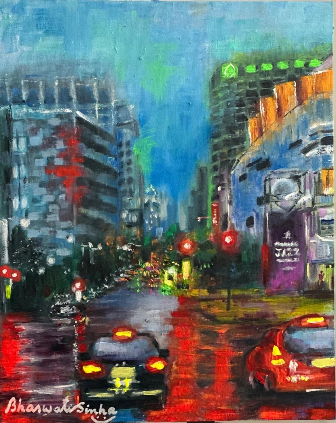 'Rain-Kissed Boulevard' — original painting of a wet city street